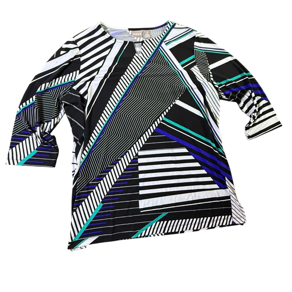 Chico's Women's Size 3 Black White Geometric Print 3/4‎ Sleeve Top